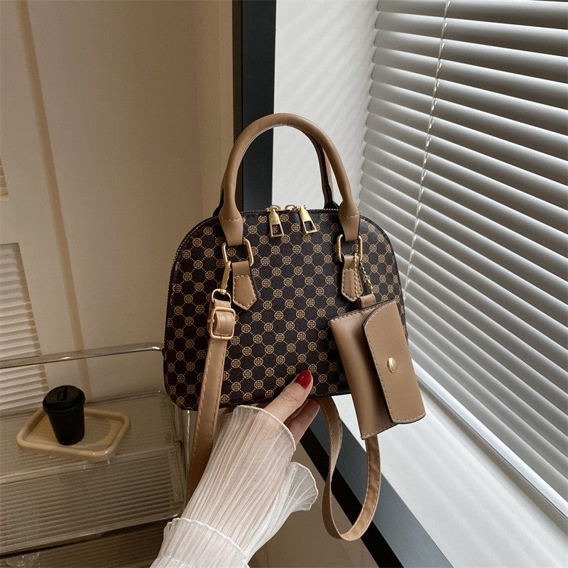 Luxury Shell Fashion Women's Handbag Simple Shoulder Bag Plaid Print Crossbody Bag with Mini Purse