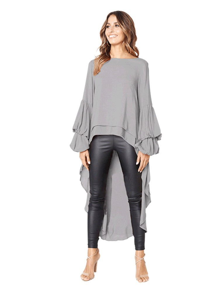 Elegant Solid Color Chiffon Shirts Women O Neck Lantern Sleeves Irregular Long Blouses Tops Temperament Lady Commuting Clothing