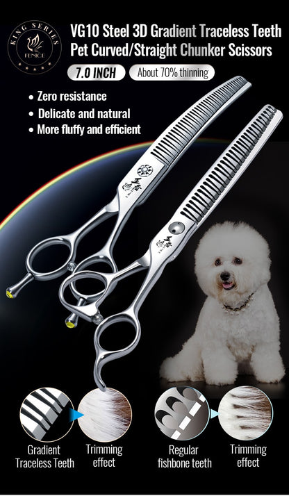 Fenice Tesoura para Tosar Pet Chunker Curva/Reta de 7.0 Polegadas com Dentes 3D Sem Marca de Aço VG10, Parafusos de Rolamento
