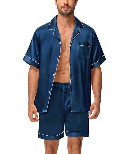 Men's Luxury Satin Pajama Set Short Sleeve Lapel Front Buttons Top And Elastic Shorts Comfortable Fit Loungewear Sleepwear Pjs