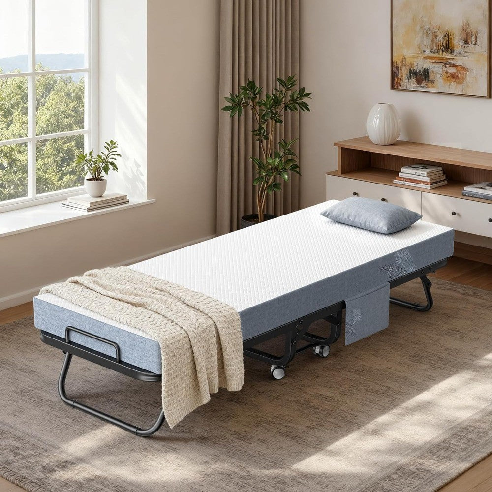 75 x 31 Folding Bed with Mattress, Portable Guest Beds with 5 Memory Foam Mattress, Foldable Sturdy Metal Frame Single Bed