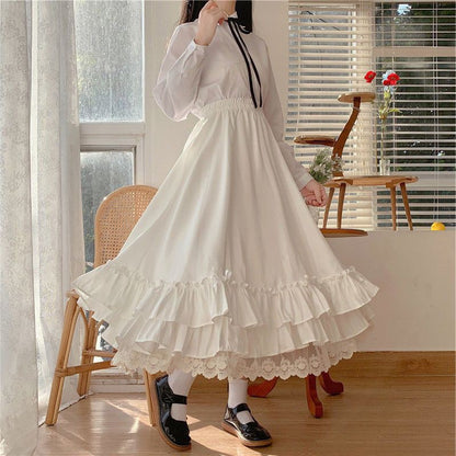 Fashion Sweet Midi Skirt Women Lace Patchwork Bow Preppy Fall Loose Casual Skirts Japanses Ruffle High Waist Solid Chic Skirt