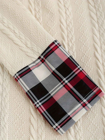 Knitted hooded dress plaid print stitching fake buckle high waist long sleeve A-line dress female