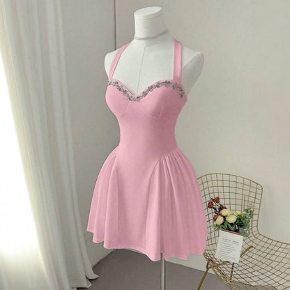 Women Summer Sweet Pink Knittd Mini Suspender Dress Sleeveless Heart Neck Waist Cinching Pleated A-Line Fashion Elegant Dress