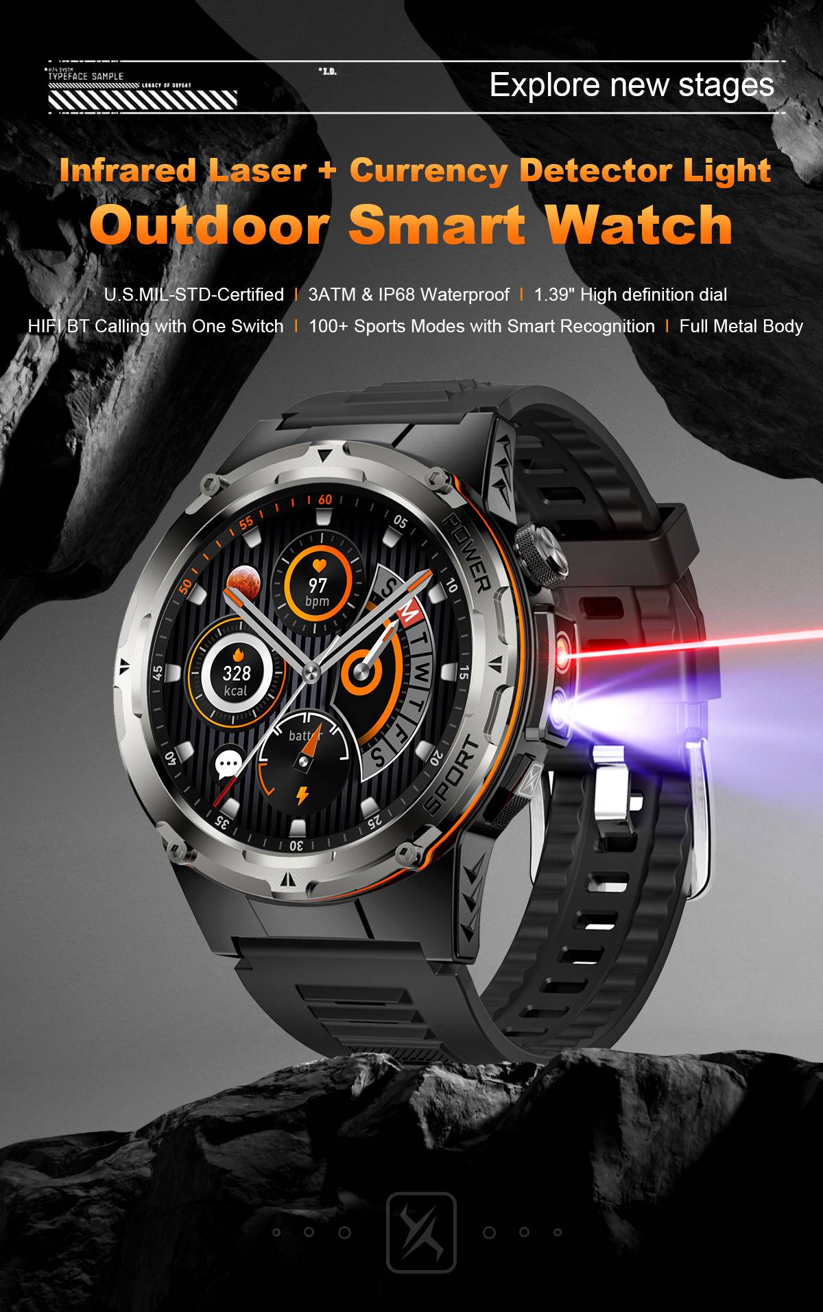 2026 Popular Outdoors GPS Sports Smart Watch Masculino Tela AMOLED Bússola à Prova D'água 500mAh NFC Chamada HD Smart Watch Para Homens T-REX 3