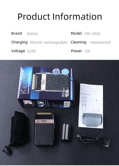 Kemei Electric Shaver for Men Waterproof Twin Blade Reciprocating Cordless Razor USB Rechargeable Shaving Machine Barber Trimmer