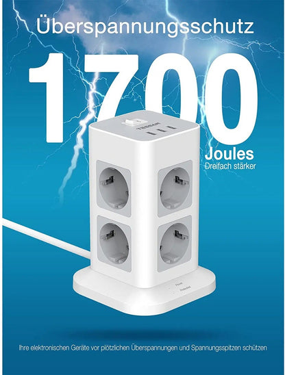 TESSAN Tower Power Strip Multi Outlets with USB A +1 Type C 2M Extension Cable EU Plug Vertical Electric Socket Surge Protection