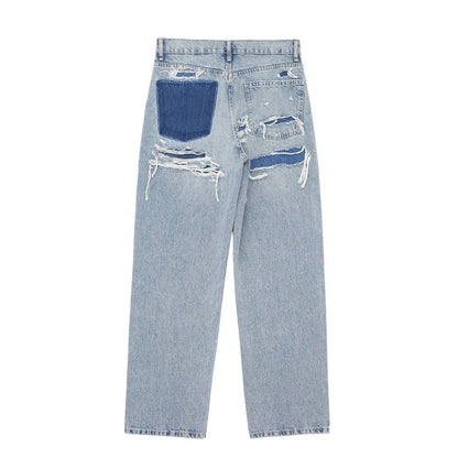 HH 2024 Women's Street Fashion Denim Blue Jeans Distressed Patchwork High Waist Zipper Fly Ripped Retro Long Pants