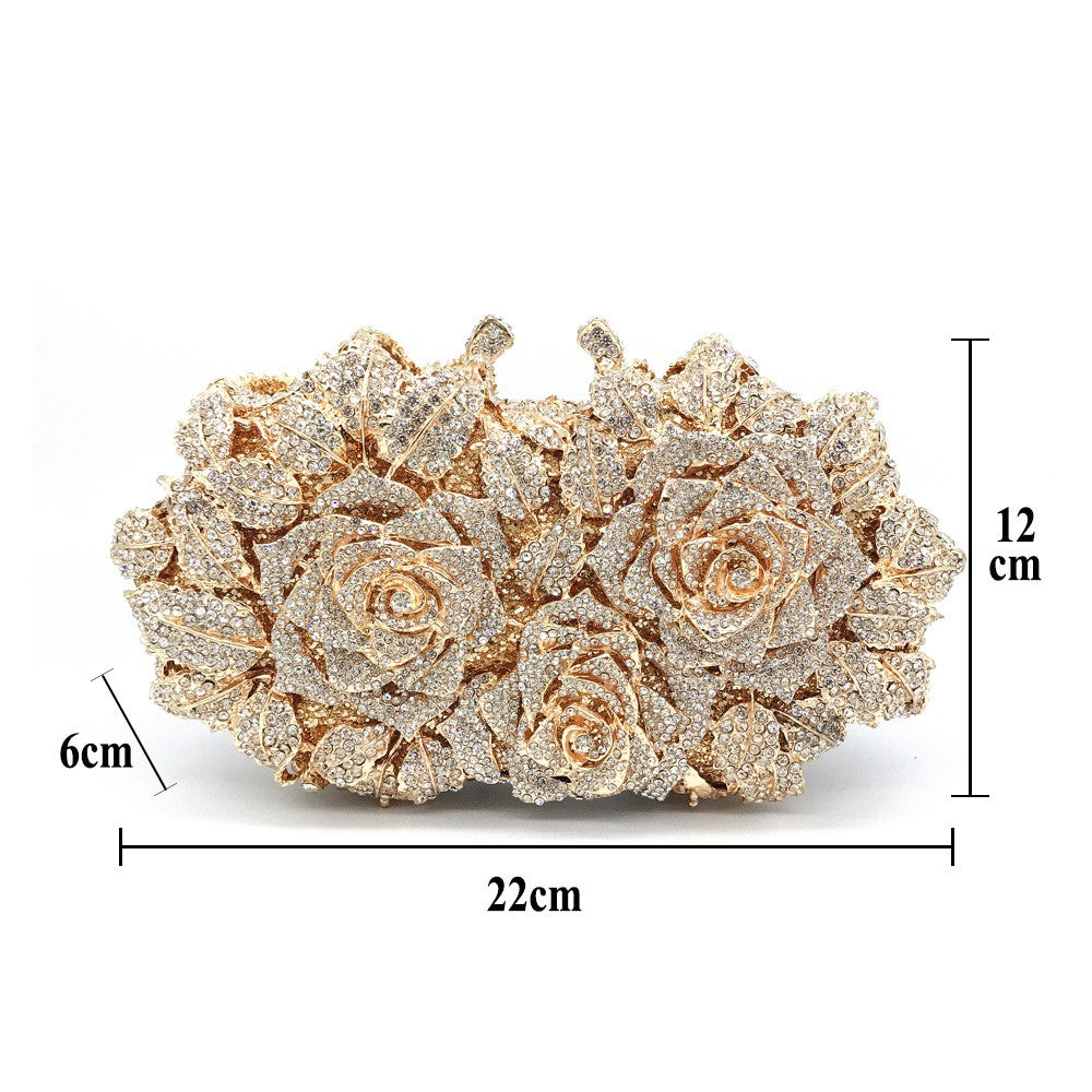 Golden Silver Luxury Crystals Evening Bags Fashion Rose Flower Diamonds Clutch Bags Soiree Purse Women Wedding Bride Handbags