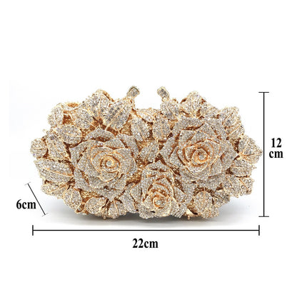Golden Silver Luxury Crystals Evening Bags Fashion Rose Flower Diamonds Clutch Bags Soiree Purse Women Wedding Bride Handbags