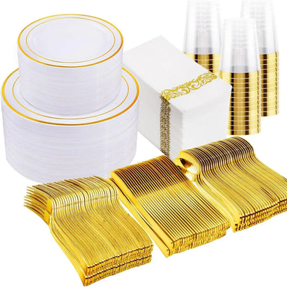 350-Piece Disposable Tableware Set For 50 Guests - Elegant Plastic Party Plates, Cups, Cutlery And Napkins, Heavy Duty, Great Fo
