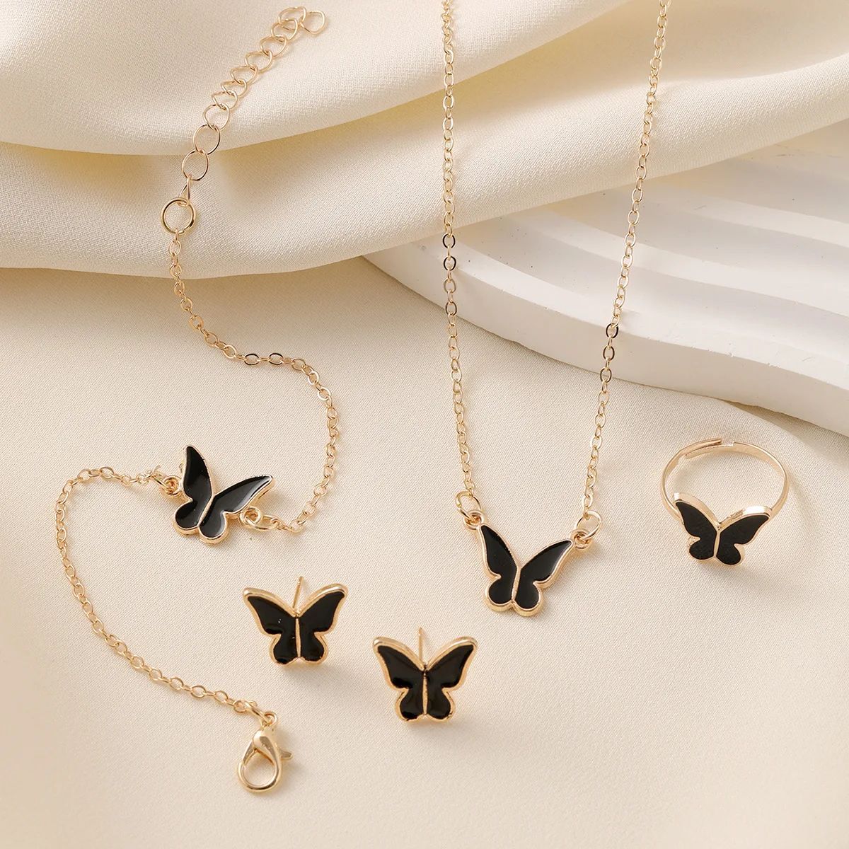 Conjuntos de Joias de Borboleta com Cristal Acrílico Romântico Pulseira Anel Colar Brinco Conjunto para Mulheres Acessórios de Vestido de Jantar de Casamento