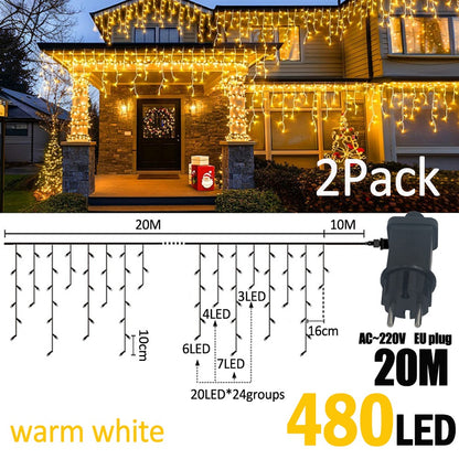 LED Christmas Icicle Curtain String Lights 20M+10M 480LED Extens 8Modes, Plug in Waterproof for Wedding Party Home Garden