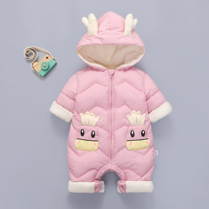 Demin-season Winter Kids Boys Rompers 2025 Cartoon Pockets Hooded Bodysuit For 0-3Y Newborn Infant Babys Boys One-piece Jumpsuit