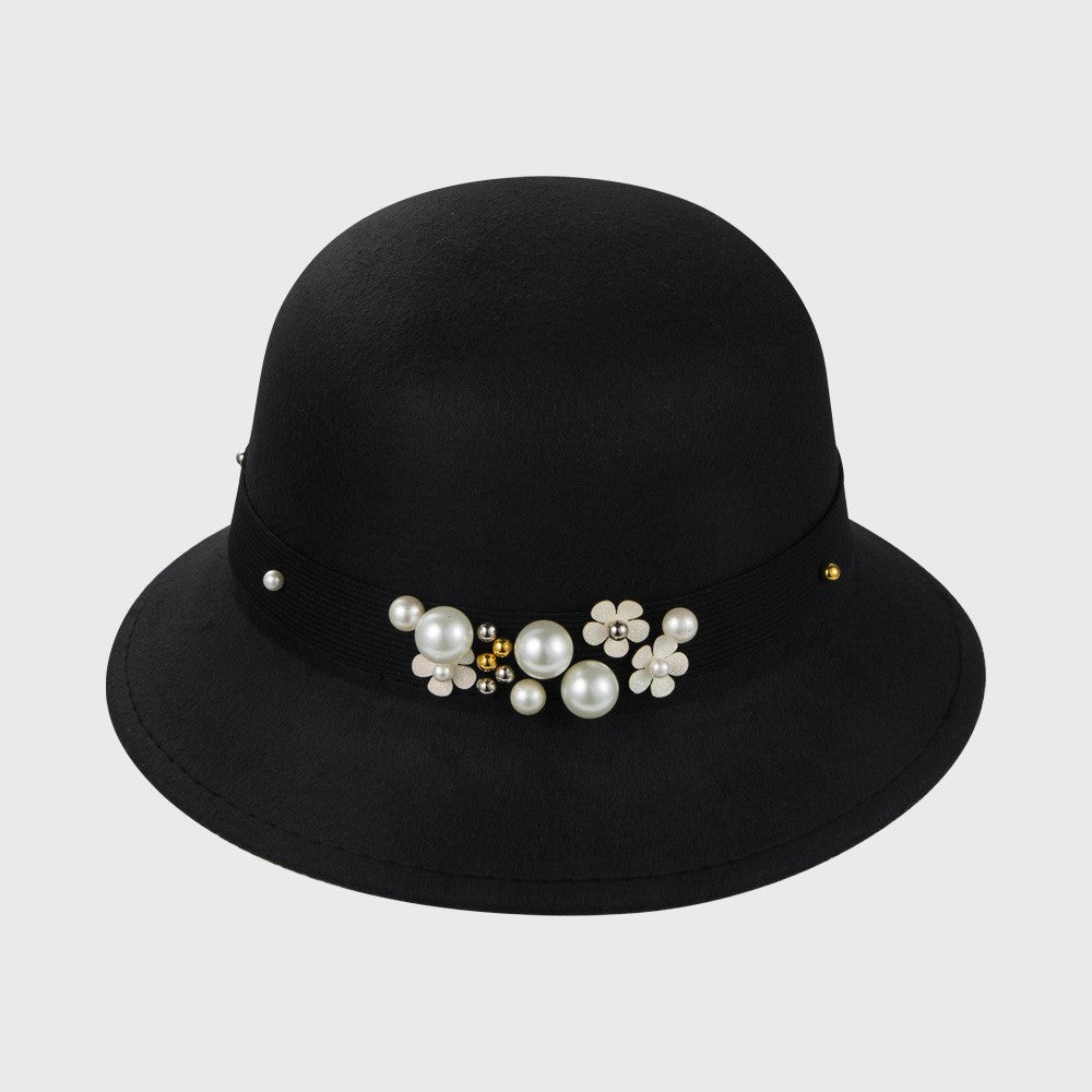 Elegant Women Pearl Ribbon Fedora Hat Autumn Winter Warm  Imitation Woolen Bowler Cap Solid Color Felt Hats