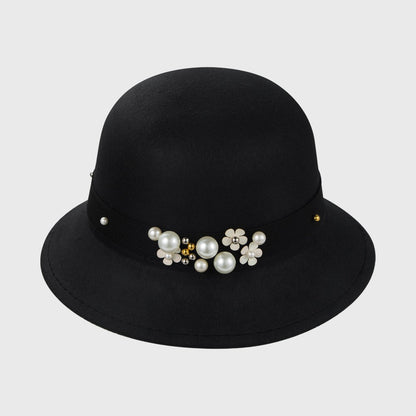 Elegant Women Pearl Ribbon Fedora Hat Autumn Winter Warm  Imitation Woolen Bowler Cap Solid Color Felt Hats