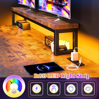 Mesa Gamer em L com Luzes de LED e Tomada, Mesa de Canto de 122 cm com Gavetas, Mesa de Escritório Reversível com Monit