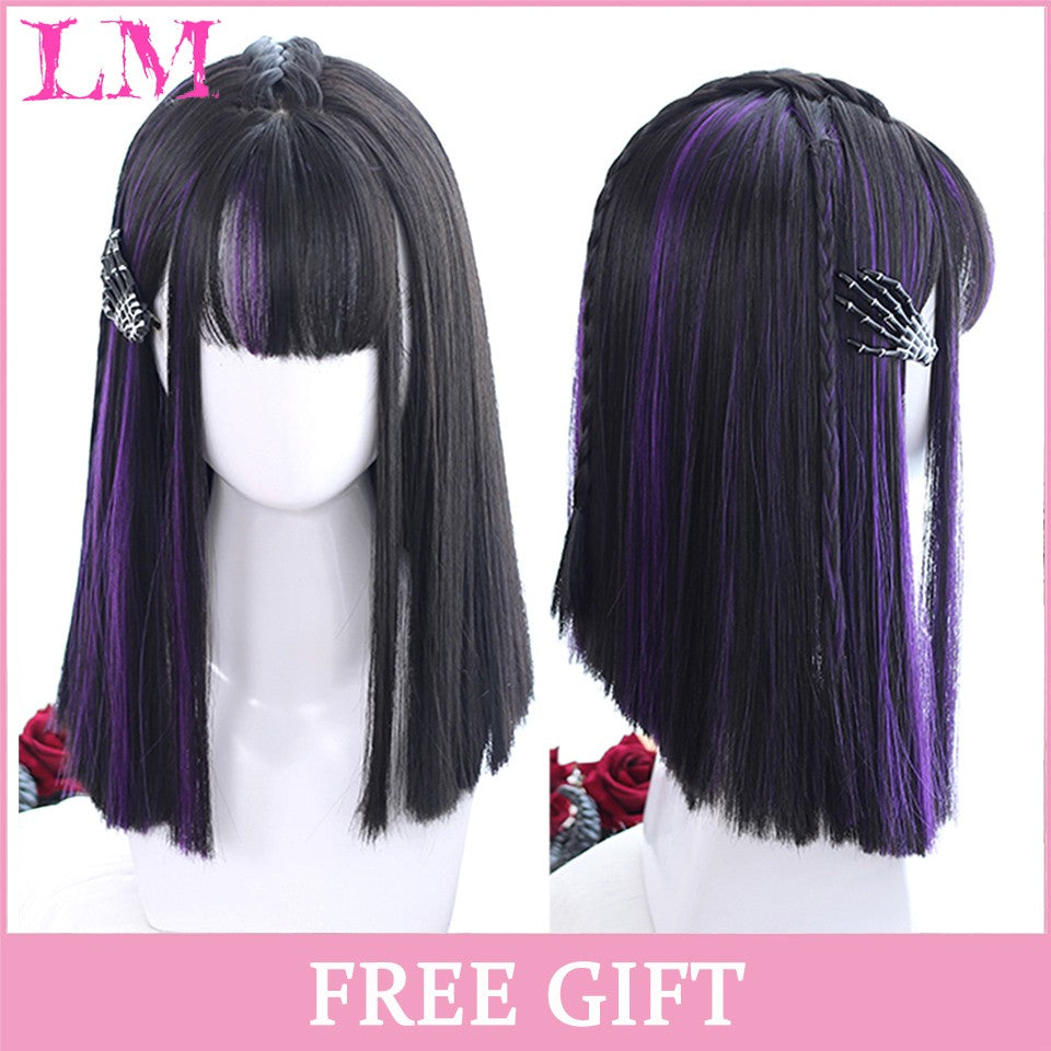 LM Medium Length Pink Cosplay Wig Heat Resistant Costume Party Synthetic Wigs 2 Clip On Ponytail 7 Colors
