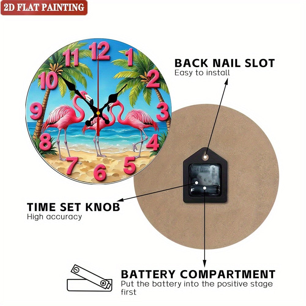 Tropical Flamingo Wall Clock. Round coastal design for living room or bedroom.