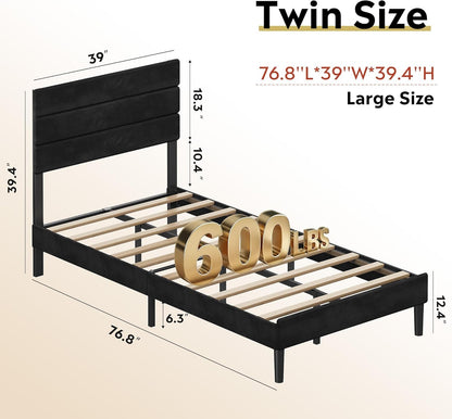 Base de Cama Estofada Solteiro, Cabeceira Acolchoada em Veludo, Estrutura Robusta de Metal e Madeira, Não Requer Box Spring,