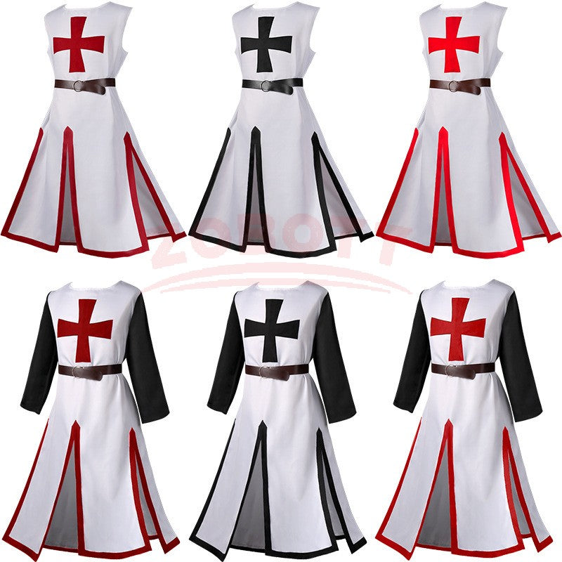 Men's Medieval Templar Knight Surcoat Set Renaissance Warrior Tunic Cloak with Belt Halloween Cosplay Outfit