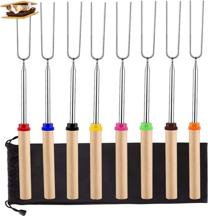 LMETJMA 8 pcs Barbecue Skewers Extendable Marshmallow Roasting Sticks Stainless Steel BBQ Telescoping Smores Skewers KC0467