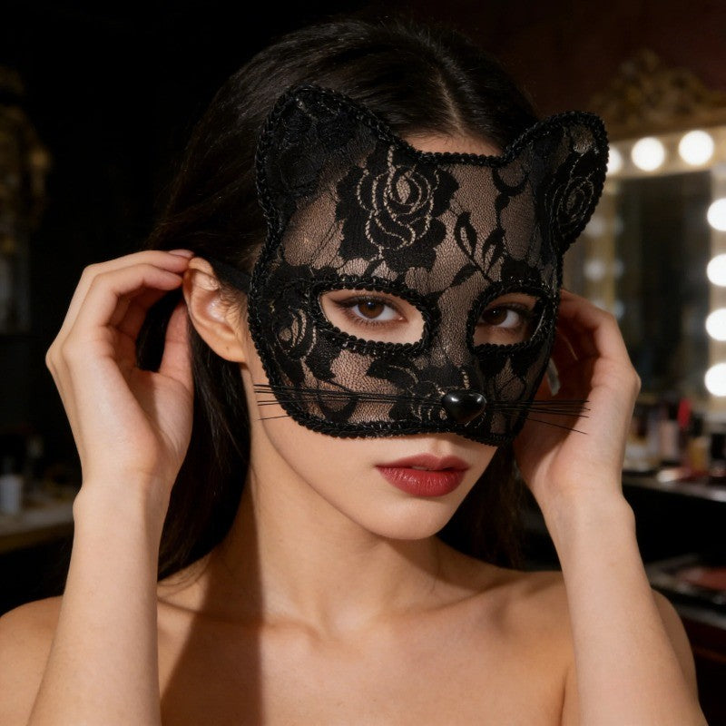 Lace Cat Face Mask Women Halloween Cosplay Costume Accessory Masquerade Party Prop