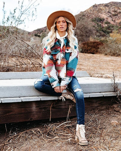 Vintage Jacket Women Splicing Loose Jacket Denim Print Aztec Retro Ethnic Style Long Sleeved Shirt Streetwear Female Goth Coat