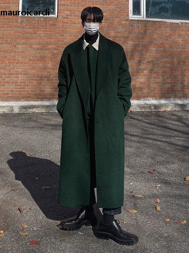 Mauroicardi Autumn Winter Long Warm Oversized Soft Dark Green Black Woolen Coat Men Loose Casual Korean Wool Blends Overcoat