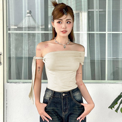 CUTENOVA 2024 Women'S Summer Ins Style New Shrink Pleated One-Shoulder Crop Top Backless Twist Tie Asymmetric T-Shirt Casual Top