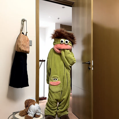 Funny Big Mouth Monster Onesie Pajamas Fluffy Coral Fleece Hooded Loungewear with Pocket Cartoon Party Costume