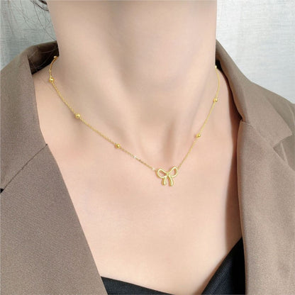 ANENJERY L316 Colar Feminino de Aço Inoxidável com Corrente de Contas e Pingente de Laço Oco Acessório de Joia Simples e Exclusiva