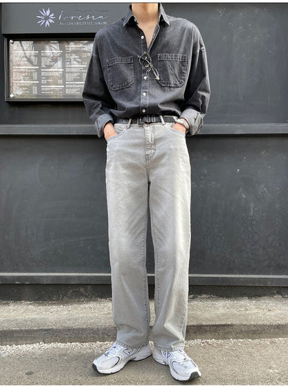 Spring Clothing Men's Denim Long-sleeved Pocket Shirt Casual Korean Turn down Button Streetwear Light Luxury Stylish 2025 New