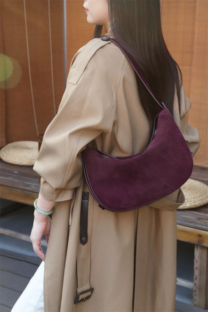 Burminsa Suede Genuine Leather Hobo Shoulder Bags For Women 2025 Luxury Designer Crescent Crossbody Purses Work Ladies Handbags