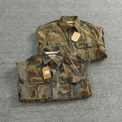 2024 Autumn and Winter New American Retro Woven Camouflage Cargo Shirt Men's 100% Cotton Washed Old Double Pockets Thin Jacket