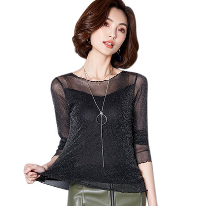 2025 Glitter Mesh Blouse Sexy Womens Shirts Long Sleeve Tops Korean Black Pink O-Neck Elegant Slim Blouse Camisas Femininas