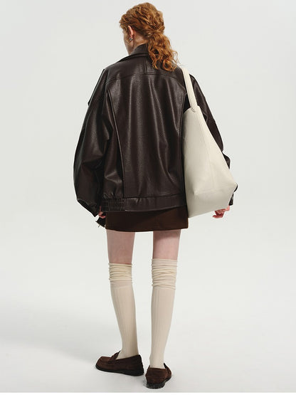 Lautaro Spring Autumn Cool Brown Oversized Pu Leather Jacket Women Long Sleeve Zip Up Luxury Designer American Retro Clothing