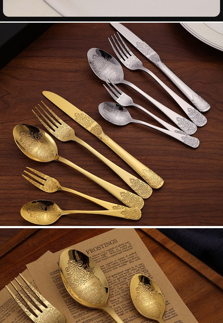 5Pcs Cutlery Set Stainless Steel Tableware Carving Golden Dinnerware Set Knife Fork Spoon Silverware Flatware Kitchen Untensils