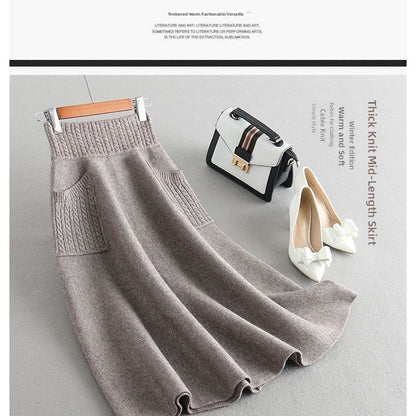 Autumn Winter Women's Mid-Length Knitted Pleated Skirt High Waist A-Line Long Skirt Loose Fuzzy Wool Skirt Double ket