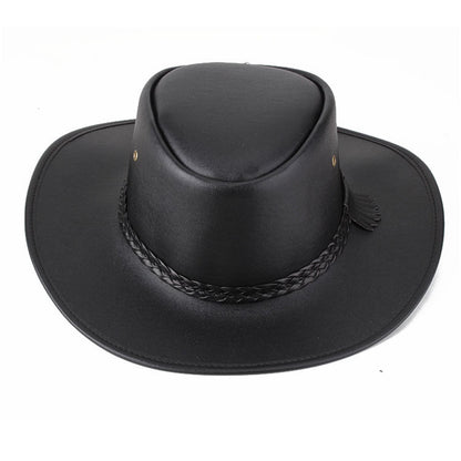 Combhasaki Mens Western Cowgirl Hats with Adjustable String Artificial Leather Wide Brim Outdoor Fashion Unisex Sunshade Cap