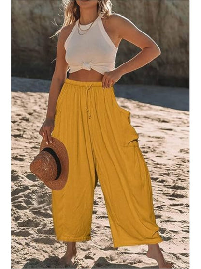 Women's Stretched-waist Pleated High-waisted Wide-leg Trousers Spring Autumn Fashion Cotton Linen Pocket Casual Trousers Woman