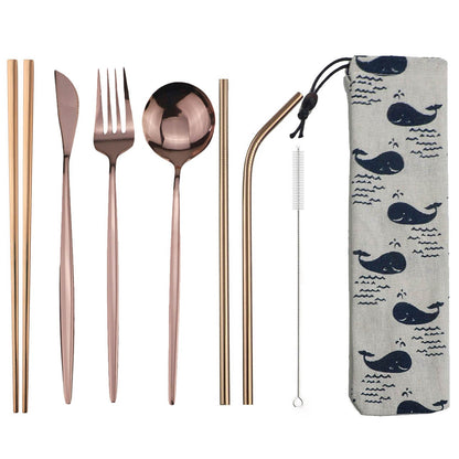 Conjunto de Talheres de 8 Peças Portátil para Viagem, Azul, Faca, Garfo, Colher, Hashis e Canudo de Aço Inoxidável com Bolsa