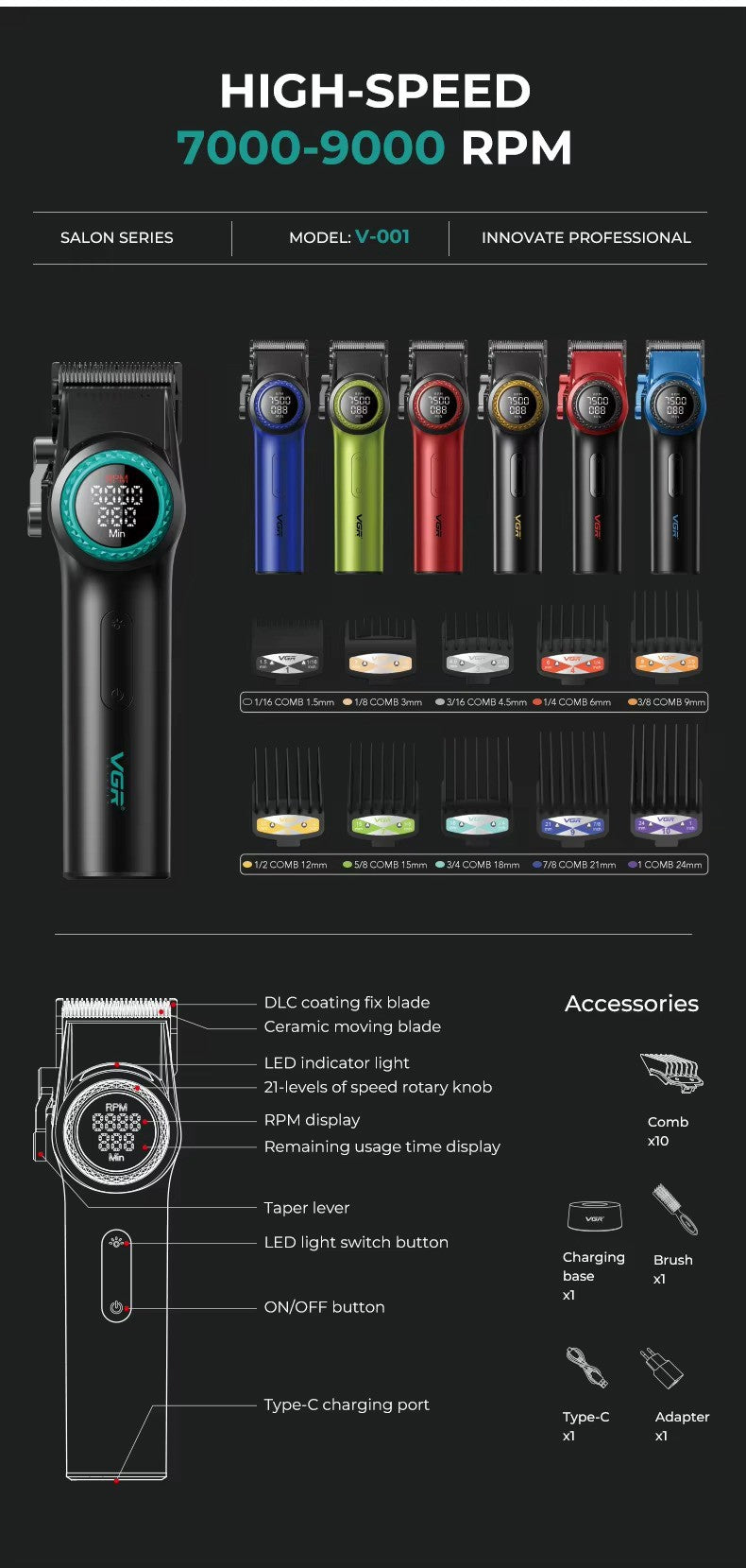 VGR Hair Trimmer Professional Hair Cutting Machine Electric Barber Clippers Adjustable 9000RPM Metal Trimmer for Men V-001 V-977