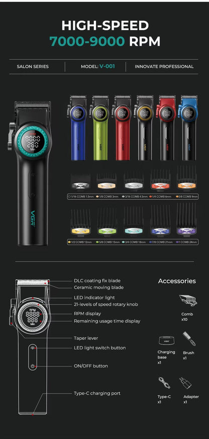 VGR Hair Trimmer Professional Hair Cutting Machine Electric Barber Clippers Adjustable 9000RPM Metal Trimmer for Men V-001 V-977