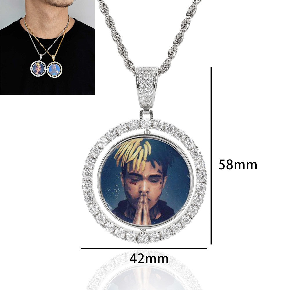 Wholesale Custom Photo Pendant Memory Medallions Rotary Double-Sided Picture Necklace Hip Hop Iced Jewelry Personalized Gift