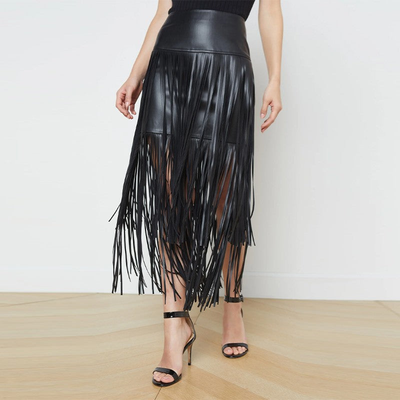 Tassel Leather Midi Skirt Women Solid High Street High-waist A-line Bodycon Long Skirts Spring Summer 2026 Chic All-match Outfit