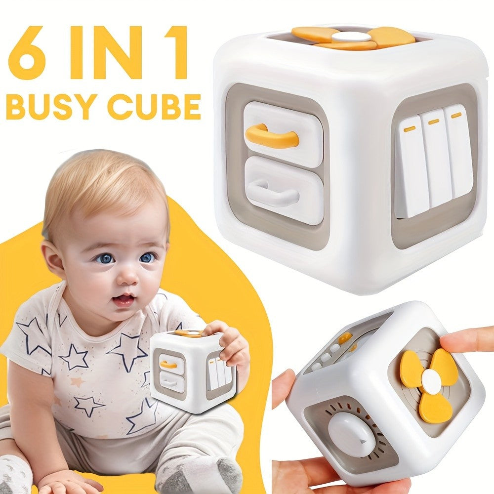 6-in-1 Busy Cube Toy for Baby - Enhances Fine Motor Skills & Early Learning, White with Yellow Accents, Montessori Puzzle Toy