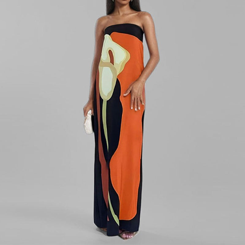 2024 Summer Women Strapless Backless Flower Printed Long Dress Women Sleeveless Off Shoulder Vestidos Plus Size S-3XL Streetwear