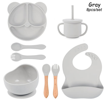 Feeding Set Silicone For Baby Sucker Bowl Dishes Plate For Kids Bear Plate Set Baby Tableware Children's Cup With Straw 8Pcs