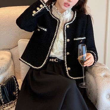 Vintage Cropped Tweed Jackets Women Elegant Black Thicken Coat Korean Single Breasted Blazer Casual Warm Short Outerwear Tops